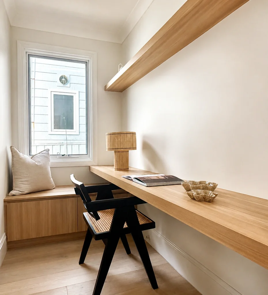 modern study with built in wooden desk in a full home renovation in Collaroy