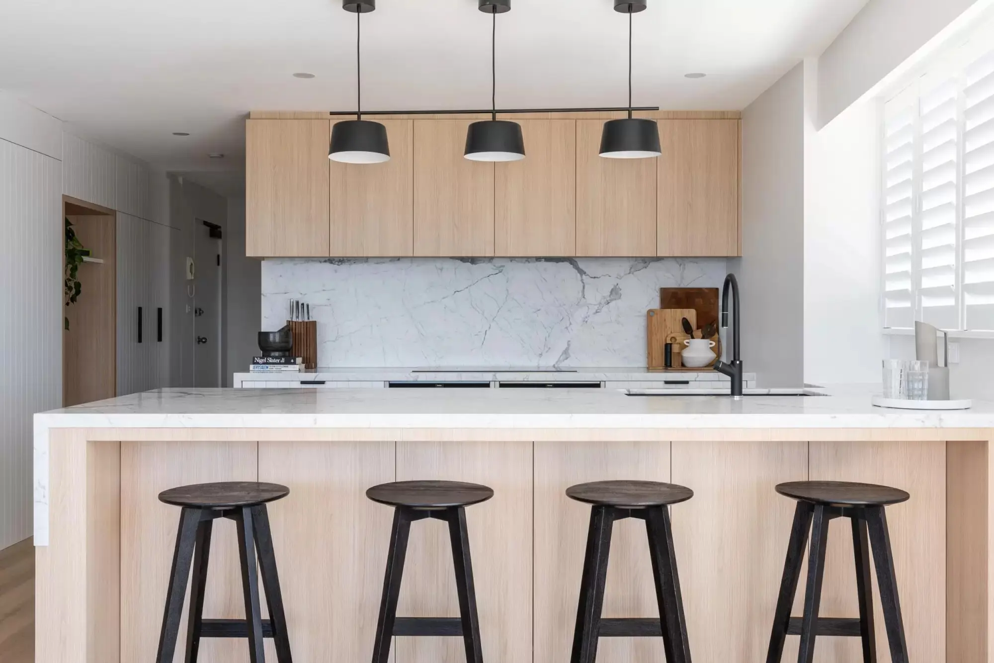 apartment kitchen in coastal tones in manly