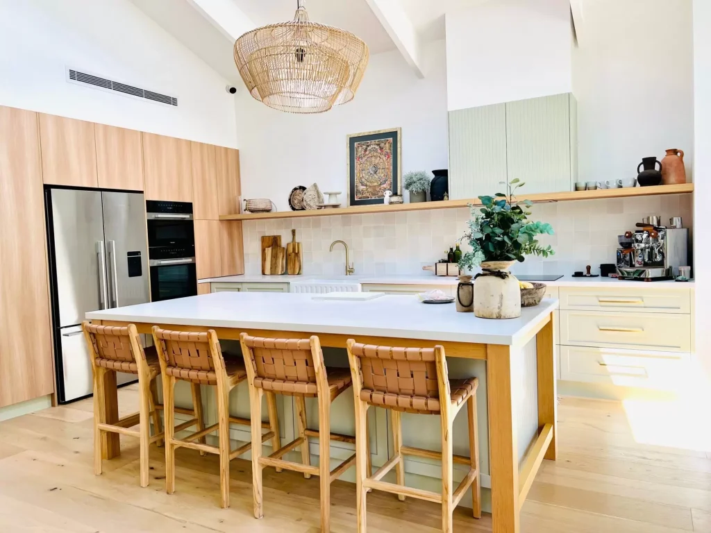Country Kitchen with Leather weave bar stools in a Kitchen Renovation in Manly Vale