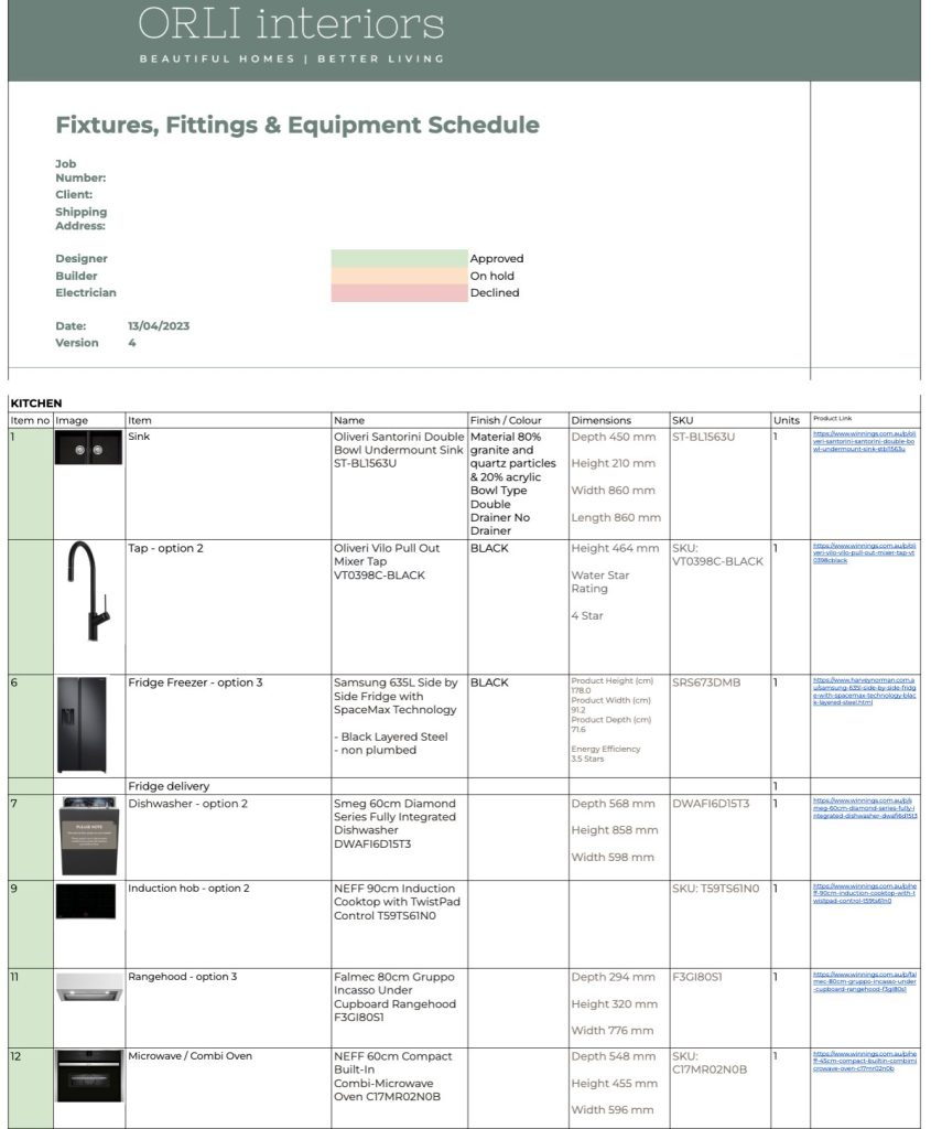 Example Fixtures, Fittings and Equipment schedule as provided by an Interior Designer