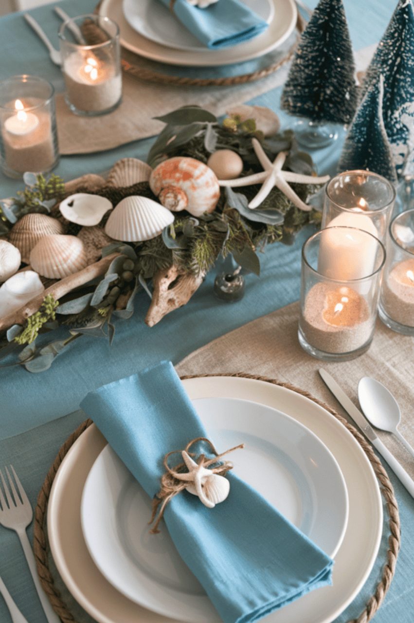 Light Blue and sea shell themed table settings