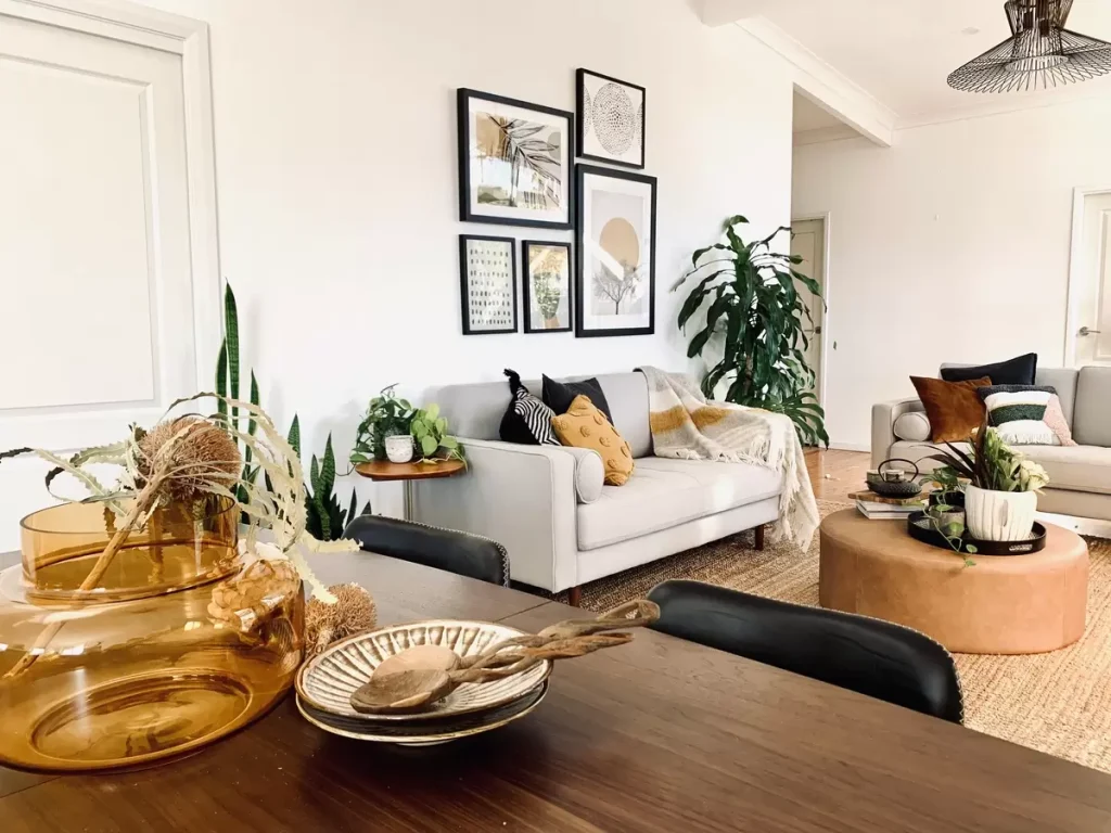 beautifully styled living room with rich texture and natural elements.