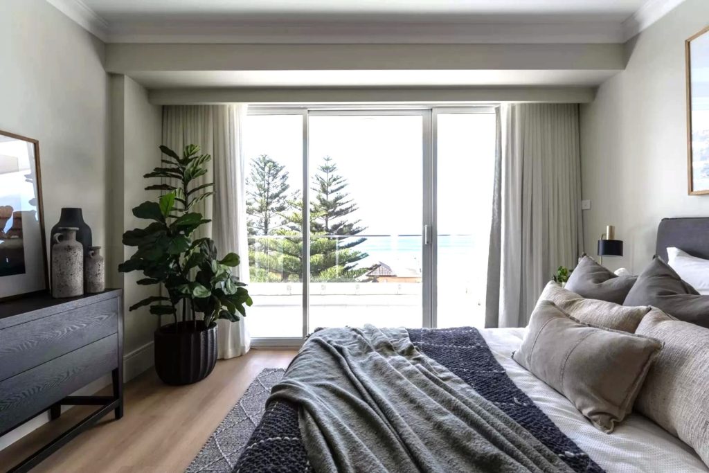 Styled coastal bedroom in a full apartment renovation in Manly Sydney