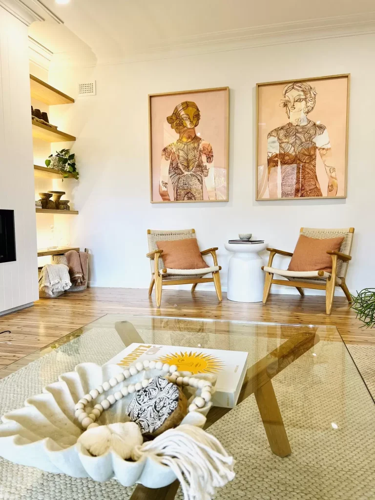 Custom shelving in a renovated living room in and Interior Designed home in Forestville, Northern Beaches, Sydney