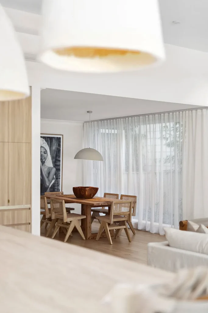 Dining room in open plan living space in an Interior Designer designed full home renovation on Sydney's Northern Beaches