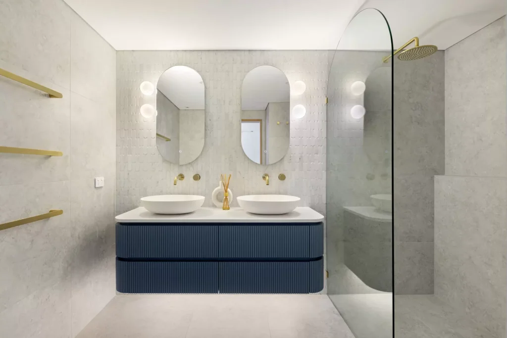 Interior Designed bespoke bathroom renovation in blue and white. Full apartment renovation Dee Why, Northern Beaches