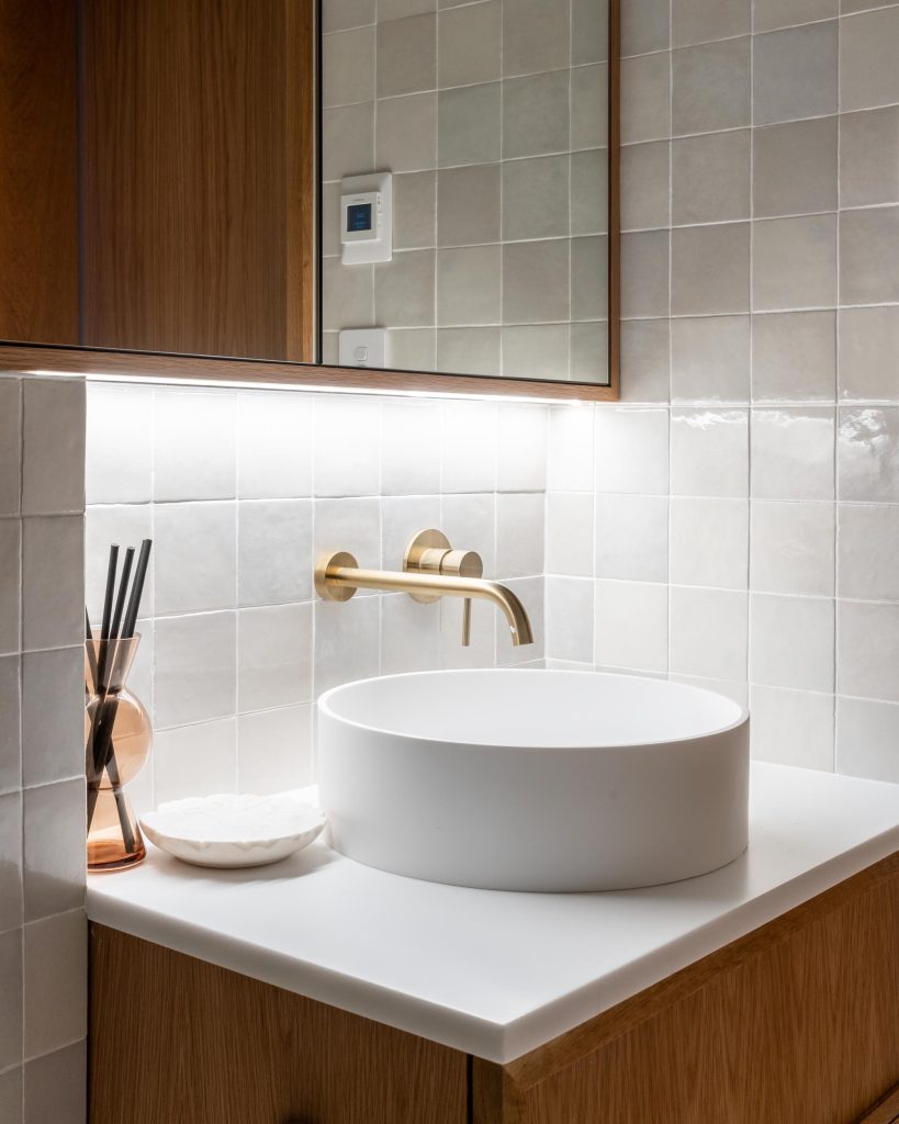 wooden finishes on custom cabinetry in an ensuite renovation in Manly, Northern Beaches