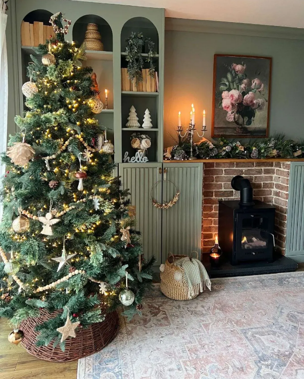 Sage green room with christmas tree and decorations