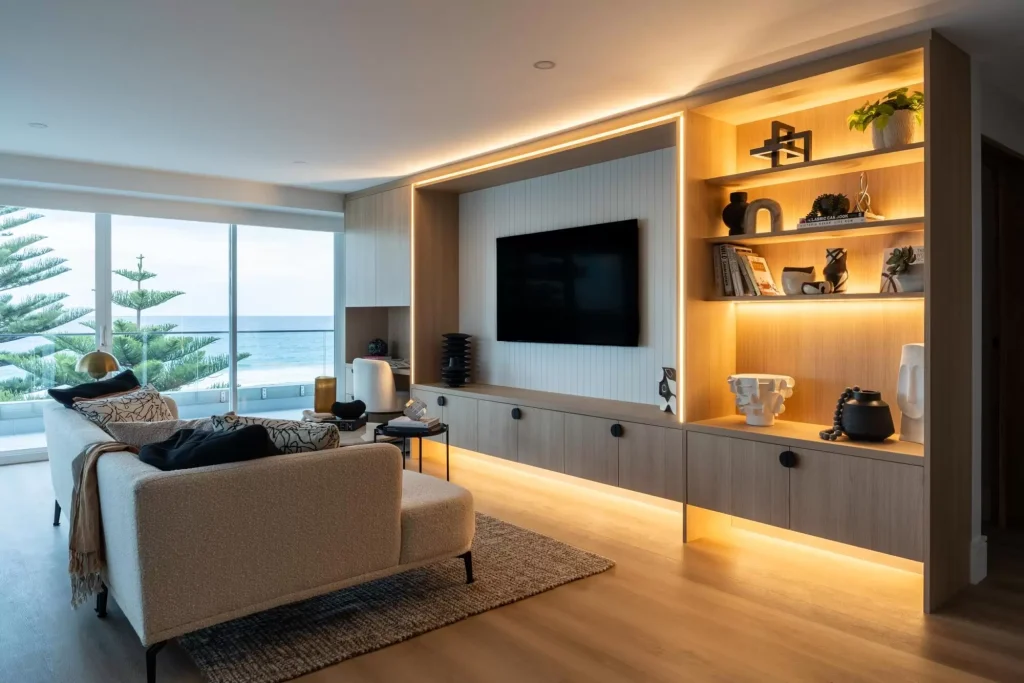 beautifully lit bespoke cabinetry in a full apartment renovation Manly, Sydney