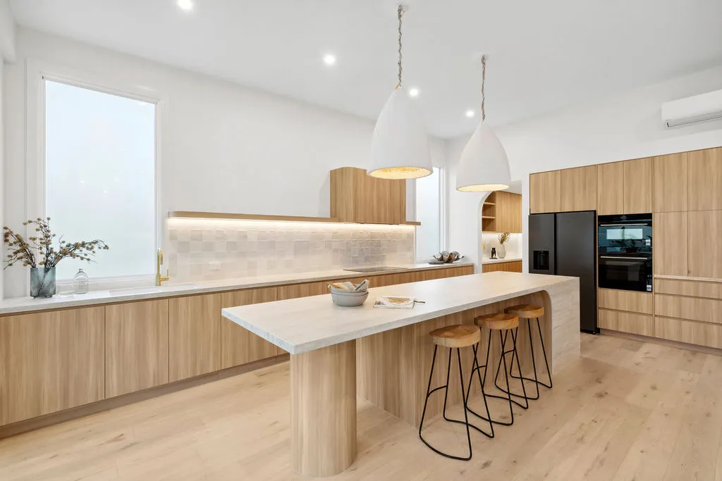 Custom Designed Kitchen with warm coastal tones. Collaroy, Sydney's Northern Beaches