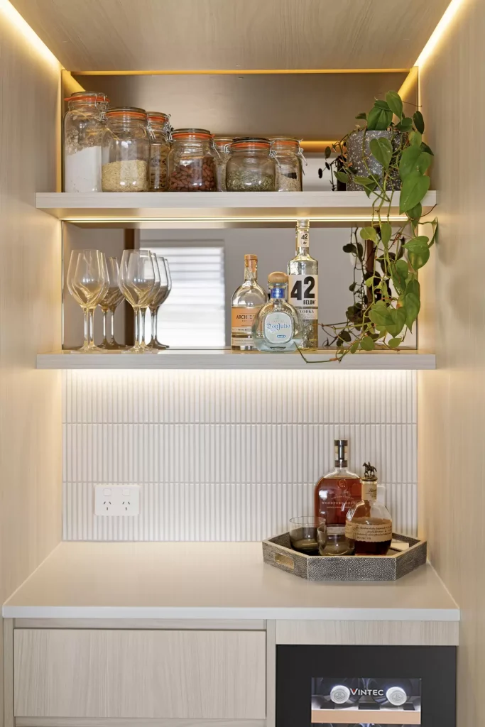 Home bar nook in a full apartment renovation in Dee Why on Sydney's Northern Beaches