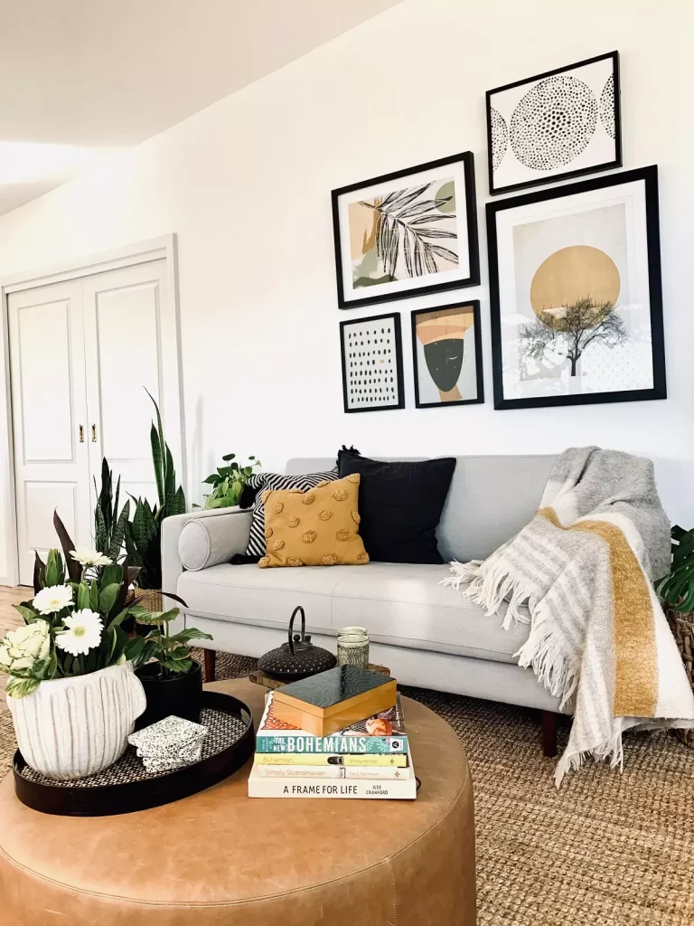 Gallery wall of prints with mustard and yellow colourways