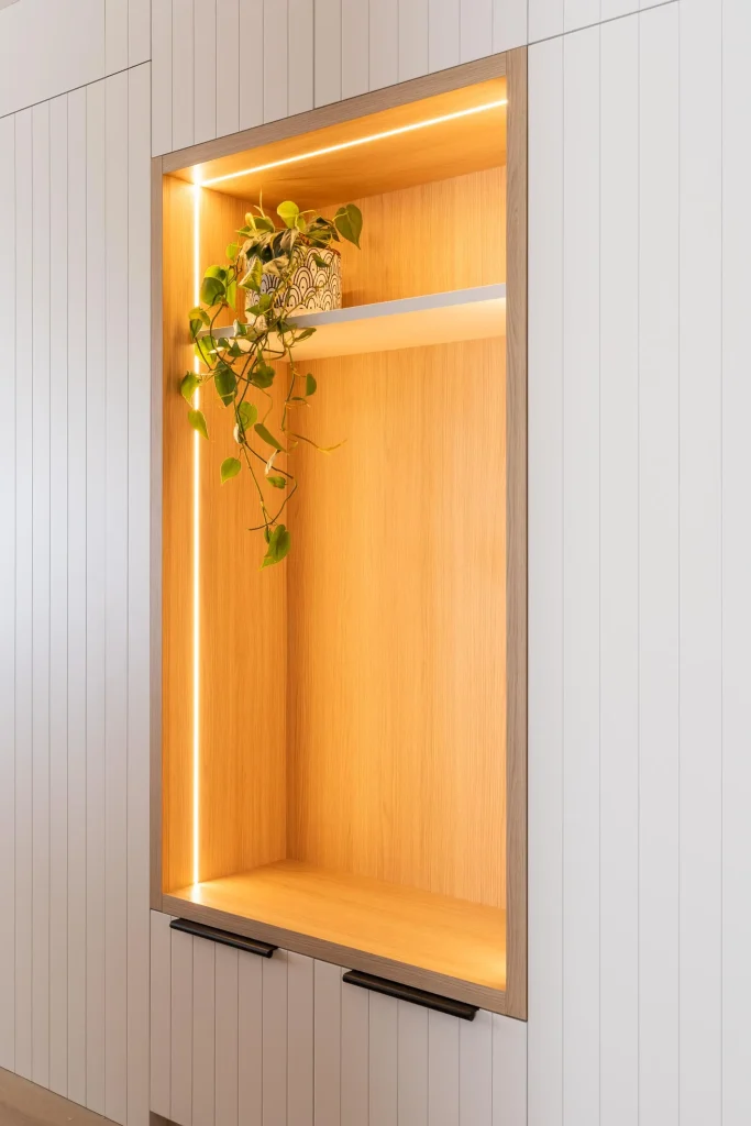 Custom joinery entrance hall wall niche with integrated lighting - Full apartment renovation, Manly, Northern Beaches